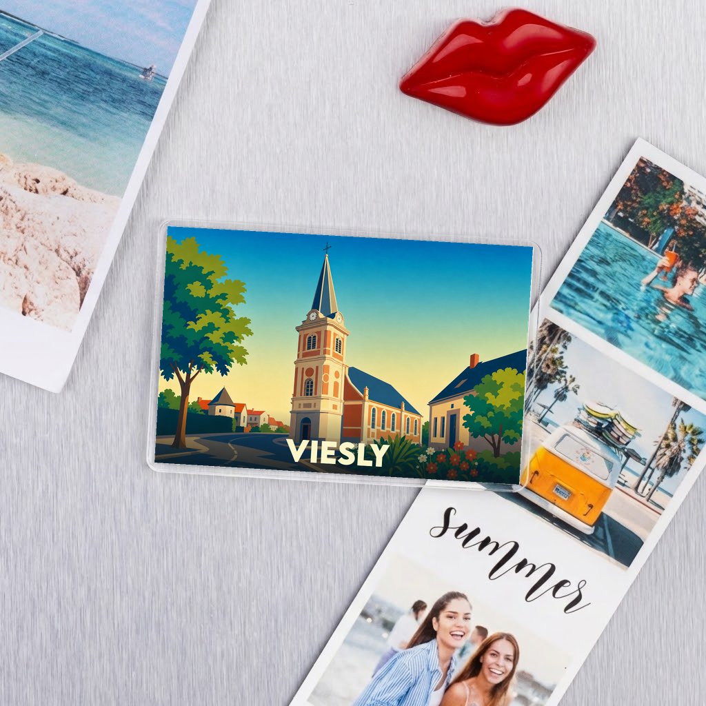 Magnet souvenir de la ville de Viesly avec une illustration stylisée de son église.