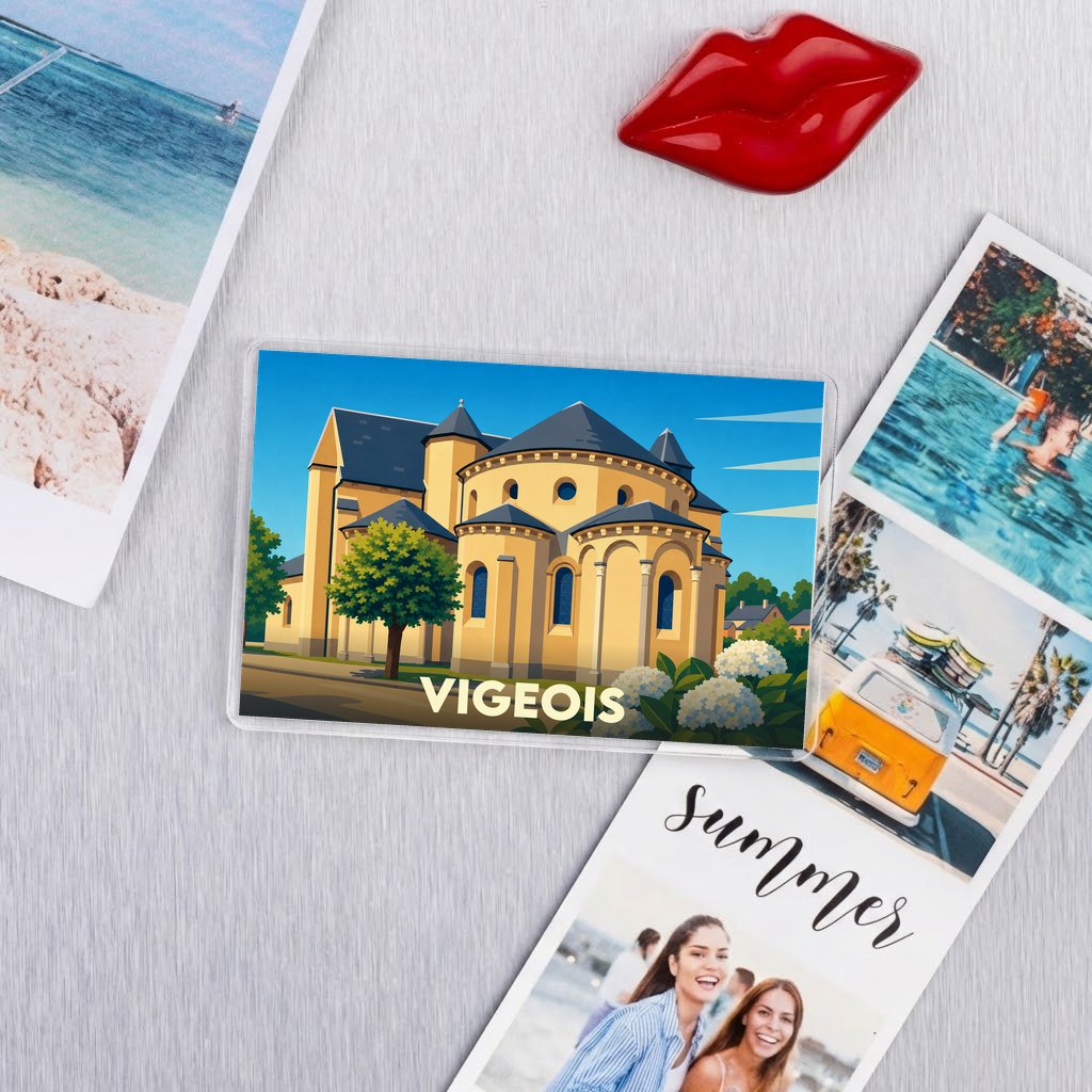 Magnet souvenir de la ville de Vigeois avec une illustration stylisée de son église abbatiale.