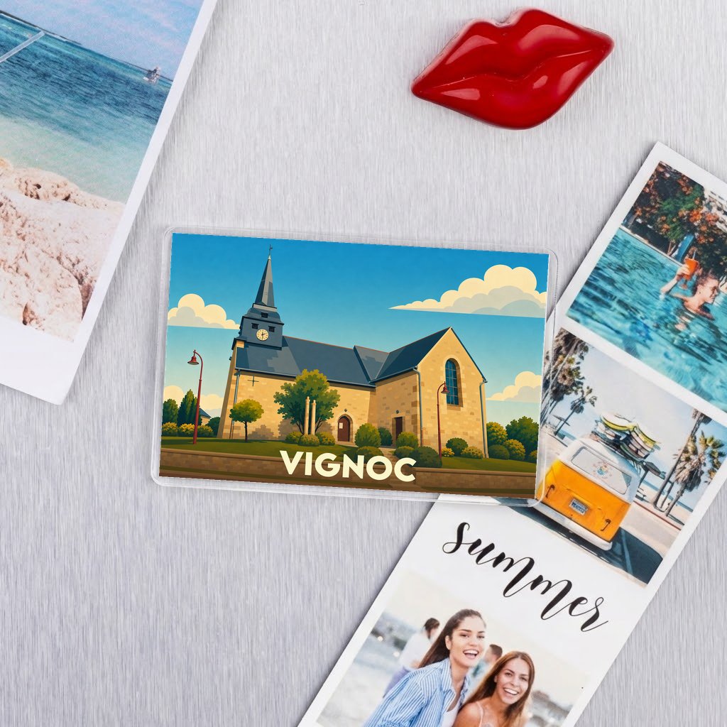 Magnet souvenir de la ville de Vignoc avec une illustration stylisée de son église.