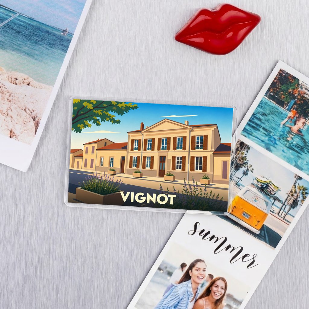 Magnet souvenir de la ville de Vignot avec une illustration stylisée.