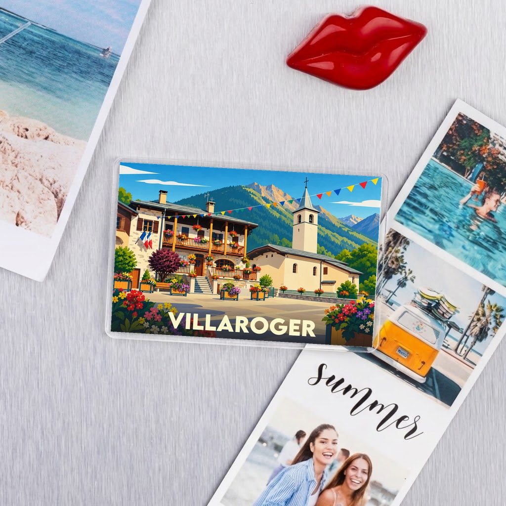 Magnet souvenir de la ville de Villaroger avec une illustration stylisée.