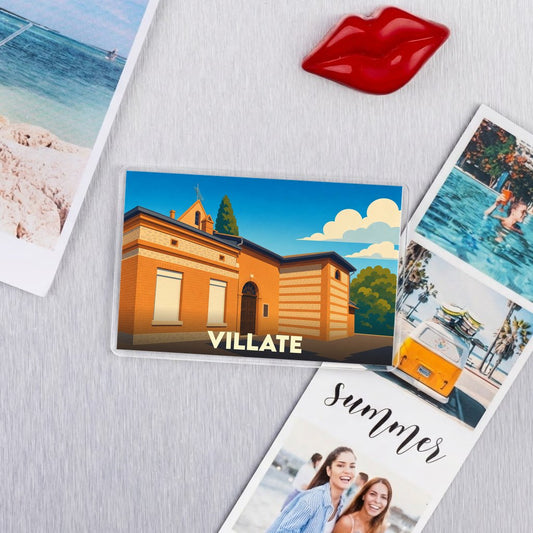 Magnet souvenir de la ville de Villate avec une illustration stylisée de son architecture.