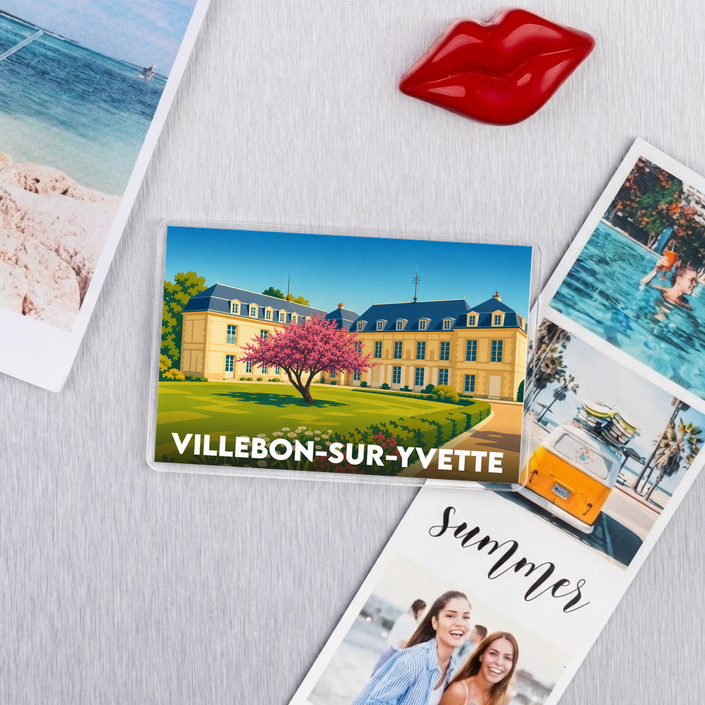 Magnet souvenir de la ville de Villebon-sur-Yvette avec une illustration stylisée d'un château.