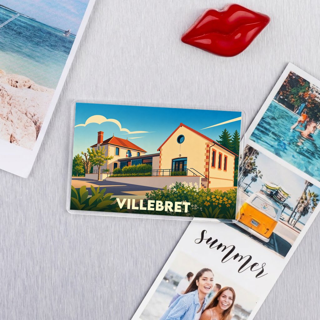 Magnet souvenir de la ville de Villebret avec une illustration stylisée de sa mairie.