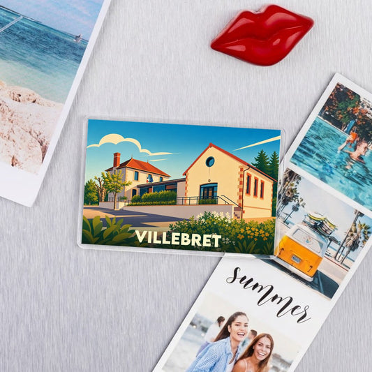 Magnet souvenir de la ville de Villebret avec une illustration stylisée de sa mairie.