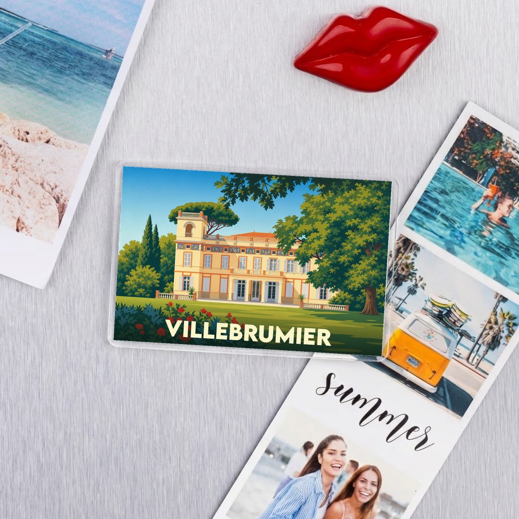 Magnet souvenir de la ville de Villebrumier avec une illustration stylisée de son château.