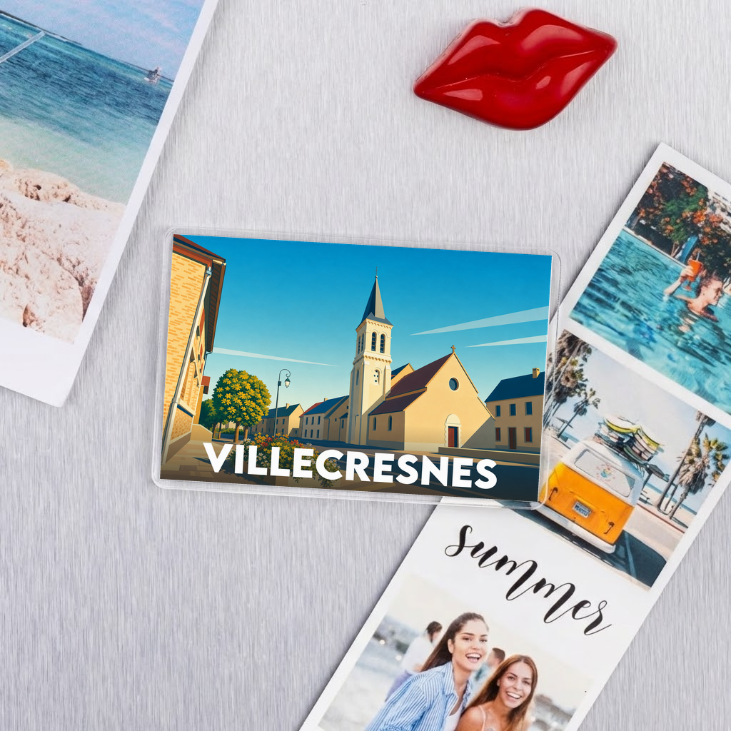 Magnet souvenir de la ville de Villecresnes avec une illustration stylisée.