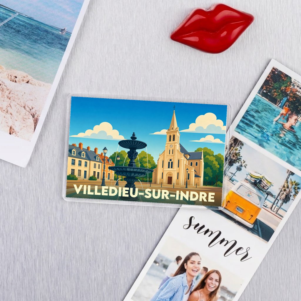 Magnet souvenir de la ville de Villedieu-sur-Indre avec une illustration stylisée.