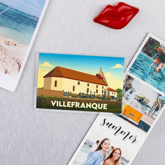 Magnet souvenir de la ville de Villefranque avec une illustration stylisée.
