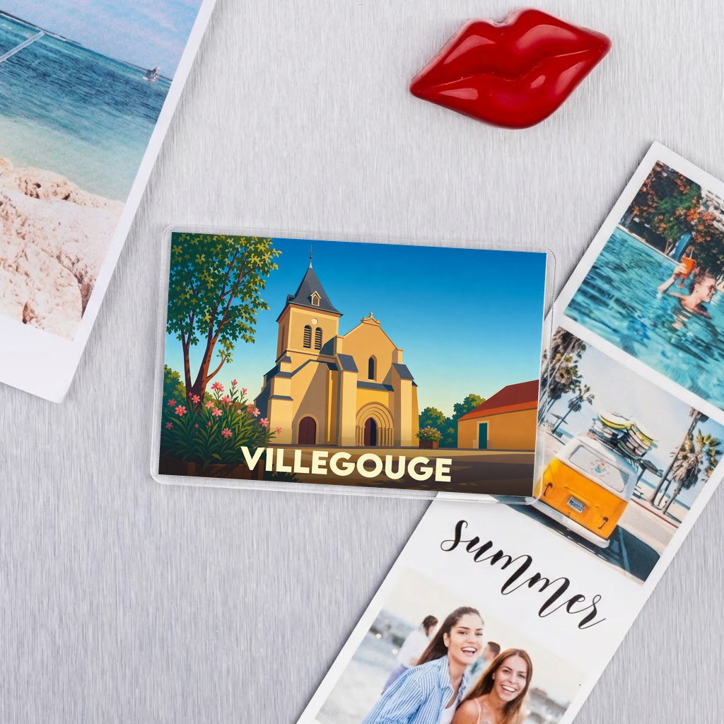 Magnet souvenir de la ville de Villegouge avec une illustration stylisée de son église.
