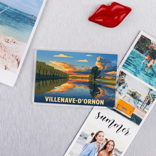 Magnet souvenir de la ville de Villenave-d'Ornon avec une illustration stylisée d'un paysage au bord de l'eau.