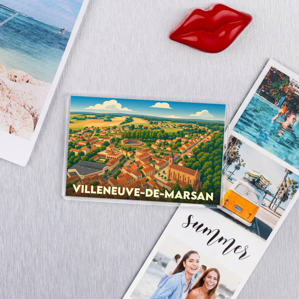 Magnet souvenir de Villeneuve-de-Marsan illustré d'un panorama coloré de la ville dans un style vintage.
