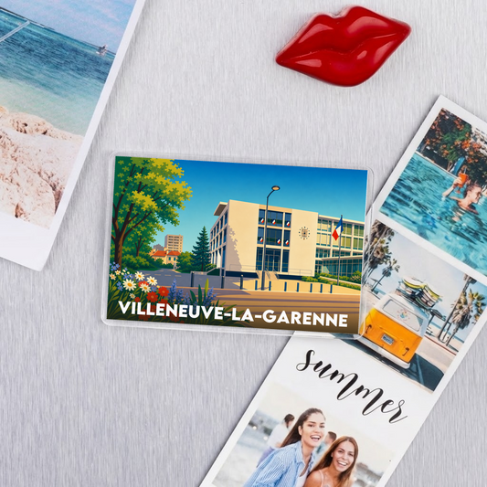 Magnet souvenir de la ville de Villeneuve-la-Garenne avec une illustration colorée et stylisée de son hôtel de ville.