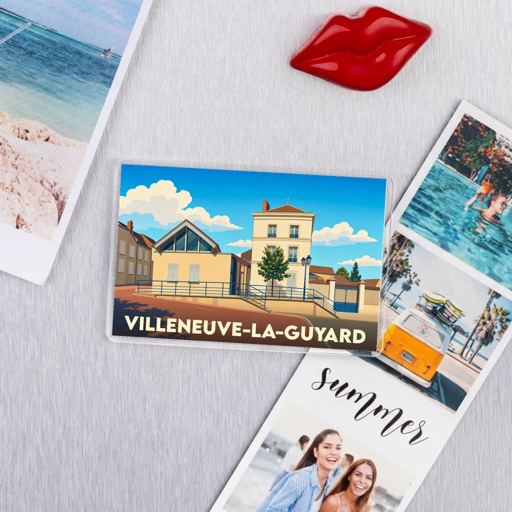 Magnet souvenir de la ville de Villeneuve-la-Guyard avec une illustration stylisée et colorée.