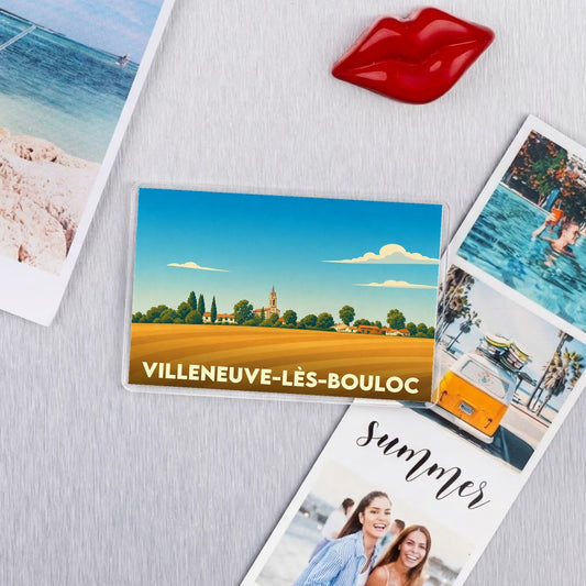 Magnet souvenir de la ville de Villeneuve-lès-Bouloc avec une illustration champêtre stylisée.