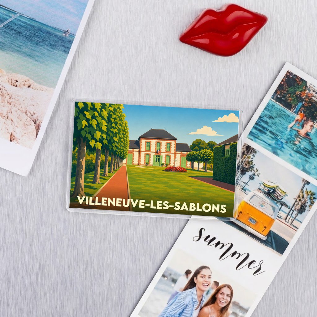 Magnet souvenir de la ville de Villeneuve-les-Sablons avec une illustration stylisée.