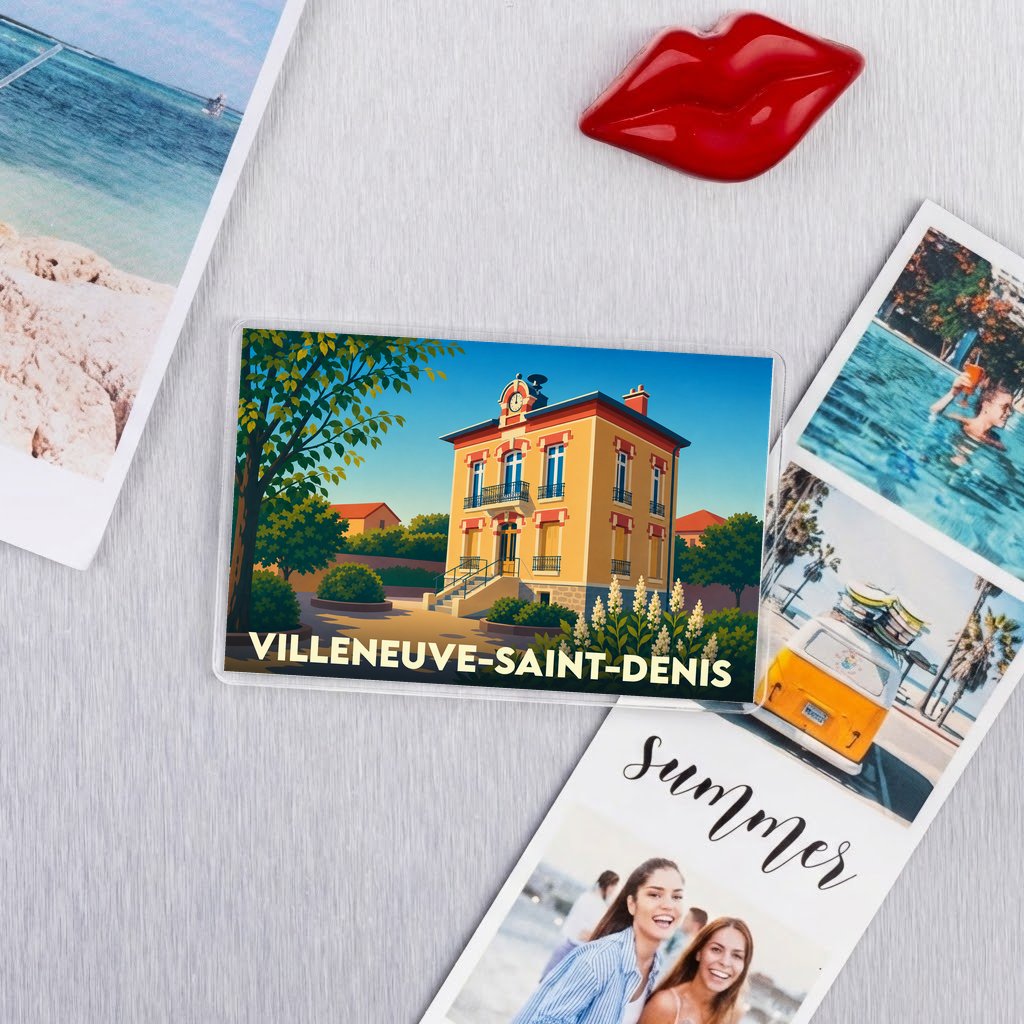 Magnet souvenir de la ville de Villeneuve-Saint-Denis avec une illustration stylisée de sa mairie.