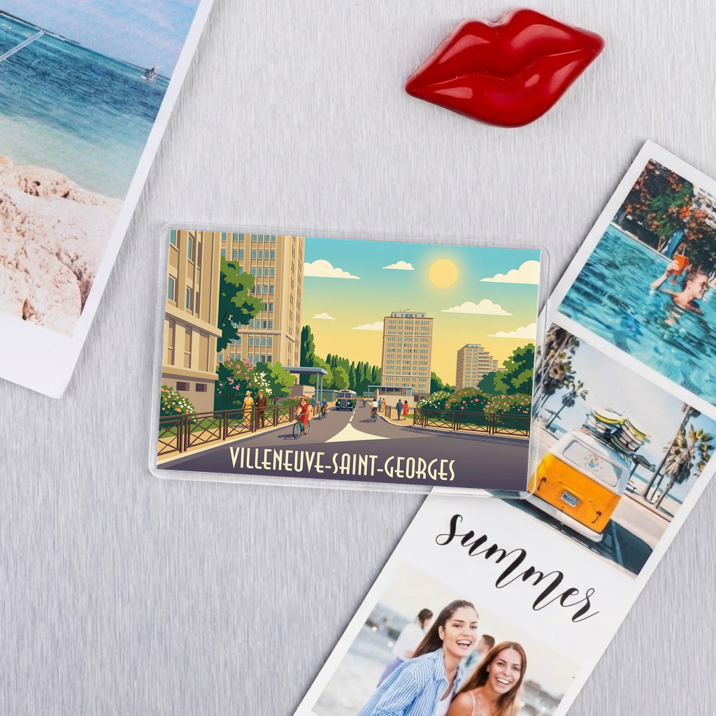 Magnet souvenir de la ville de Villeneuve-Saint-Georges avec une illustration stylisée.