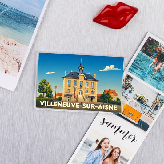 Magnet souvenir de la ville de Villeneuve-sur-Aisne avec une illustration stylisée de sa mairie.