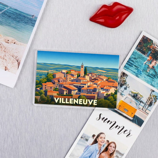 Magnet souvenir de la ville de Villeneuve avec une illustration stylisée.