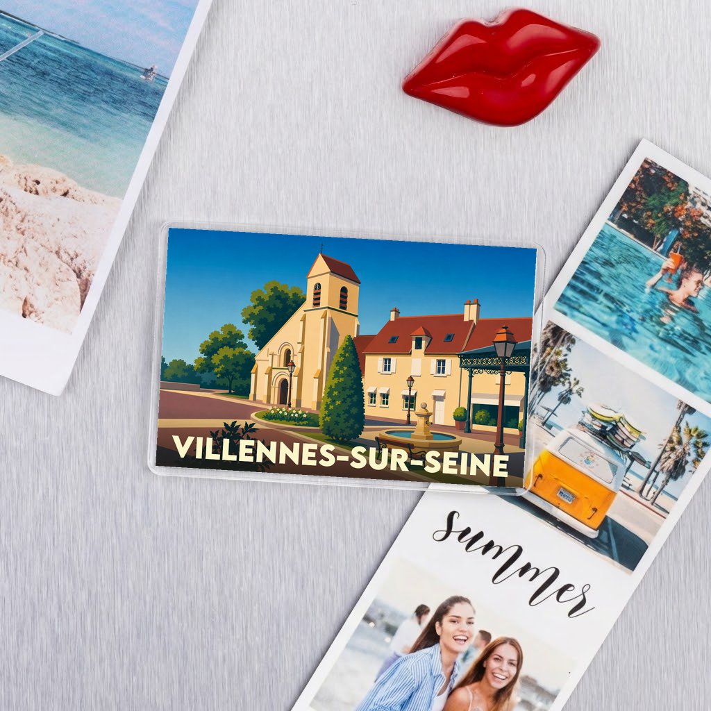 Magnet souvenir de Villennes-sur-Seine avec une illustration stylisée de son église et de son centre-ville.