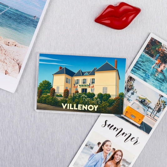 Magnet souvenir de la ville de Villenoy avec une illustration stylisée de sa mairie.