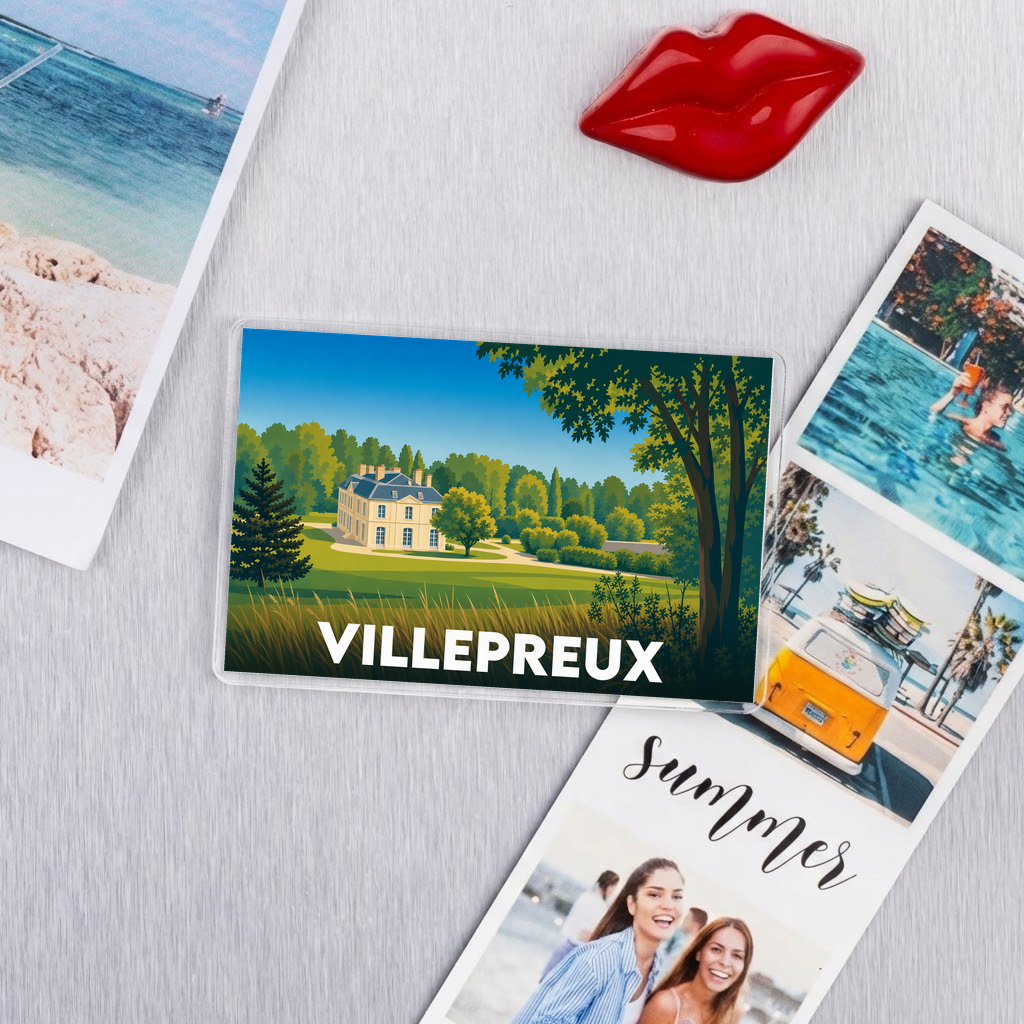 Magnet souvenir de la ville de Villepreux avec une illustration stylisée d'un château dans un paysage verdoyant.