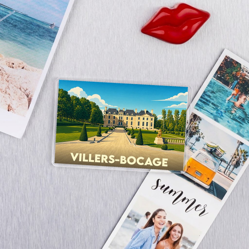 Magnet souvenir de la ville de Villers-Bocage avec une illustration stylisée de son château.
