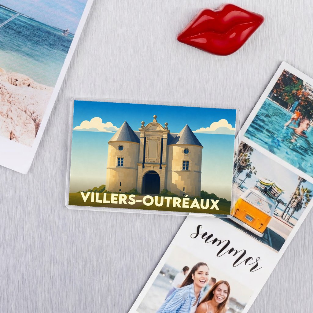 Magnet souvenir de la ville de Villers-Outréaux avec une illustration stylisée de son patrimoine.