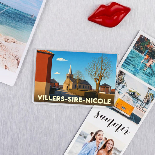 Magnet souvenir de la ville de Villers-Sire-Nicole avec une illustration stylisée.