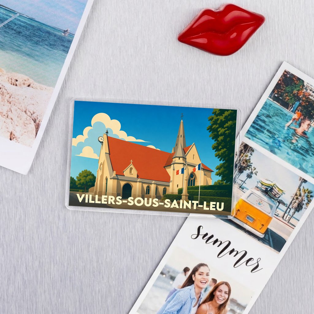 Magnet souvenir de la ville de Villers-sous-Saint-Leu avec une illustration stylisée de son église.