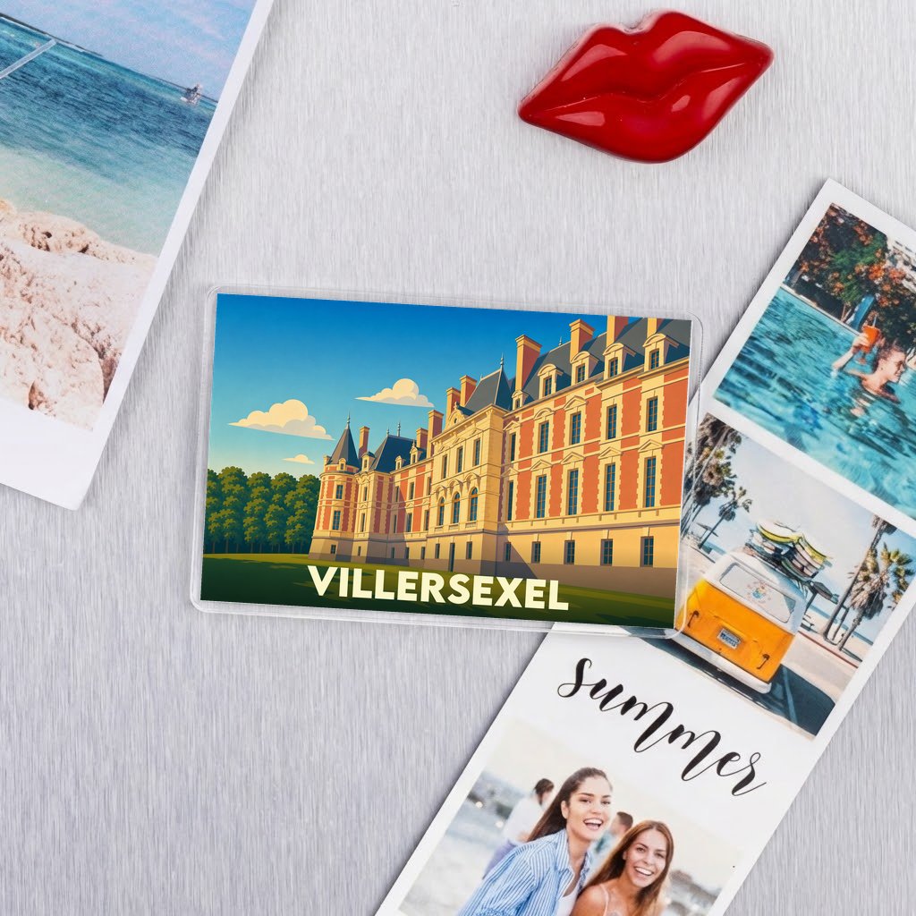 Magnet souvenir de la ville de Villersexel avec une illustration stylisée du château local.