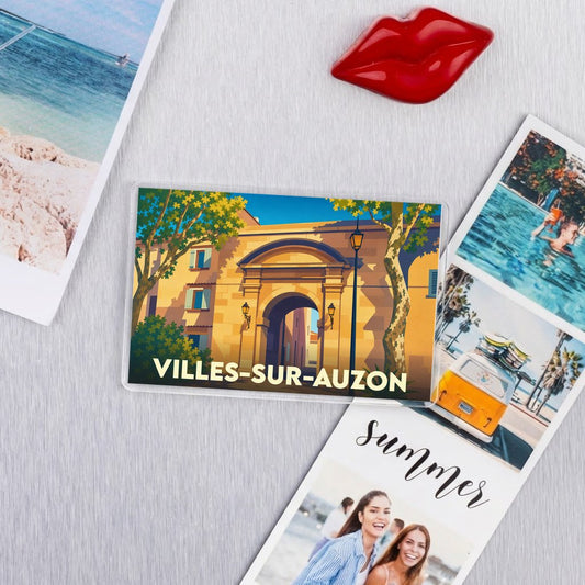 Magnet souvenir de la ville de Villes-sur-Auzon avec une illustration stylisée.
