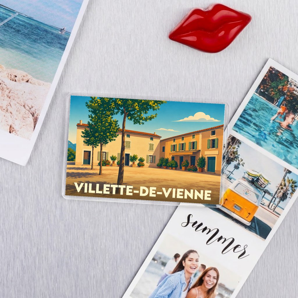 Magnet souvenir de la ville de Villette-de-Vienne avec une illustration stylisée d'une place ensoleillée.
