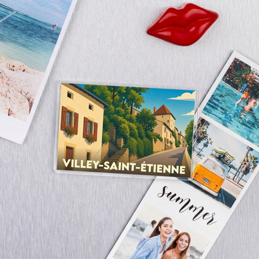 Magnet souvenir de la ville de Villey-Saint-Étienne avec une illustration stylisée.