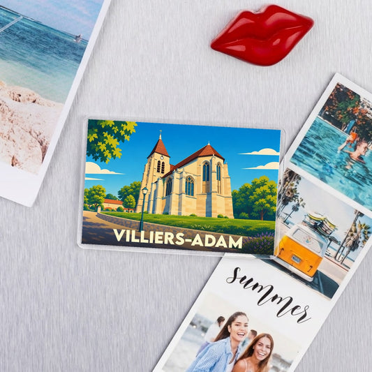 Magnet souvenir de la ville de Villiers-Adam avec une illustration stylisée de son église.