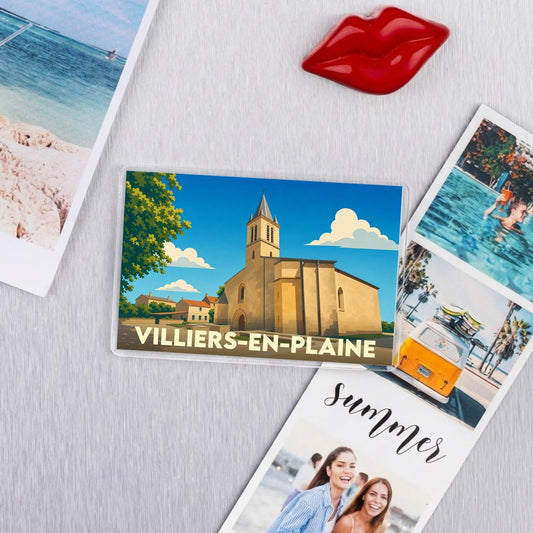Magnet souvenir de la ville de Villiers-en-Plaine avec une illustration stylisée d'une église.