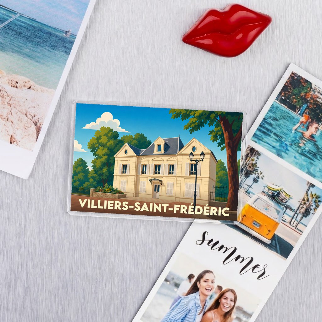Magnet souvenir de la ville de Villiers-Saint-Frédéric avec une illustration stylisée.