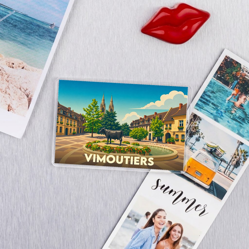 Magnet souvenir de la ville de Vimoutiers avec une illustration stylisée d'une statue de vache sur une place fleurie.