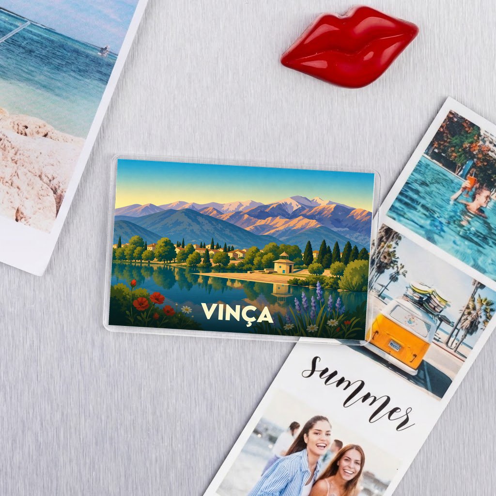 Magnet souvenir de la ville de Vinça avec une illustration stylisée de son lac et des montagnes.