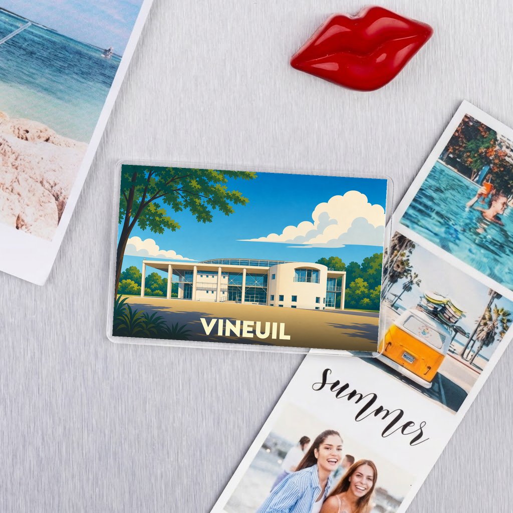 Magnet souvenir de la ville de Vineuil avec une illustration stylisée.