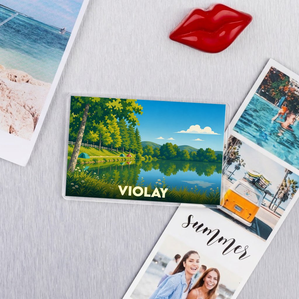 Magnet rectangulaire souvenir de la ville de Violay avec une illustration stylisée de son lac.