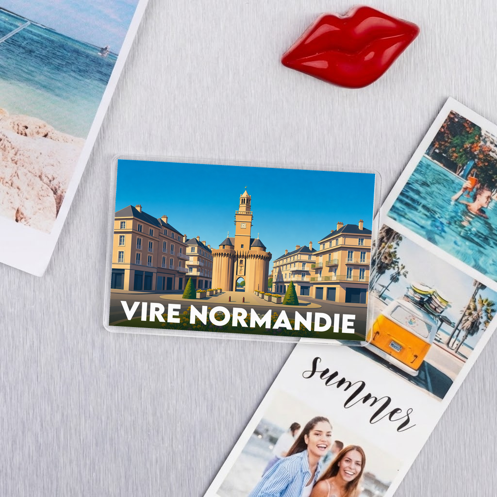 Magnet souvenir de la ville de Vire Normandie avec une illustration stylisée de son centre historique.
