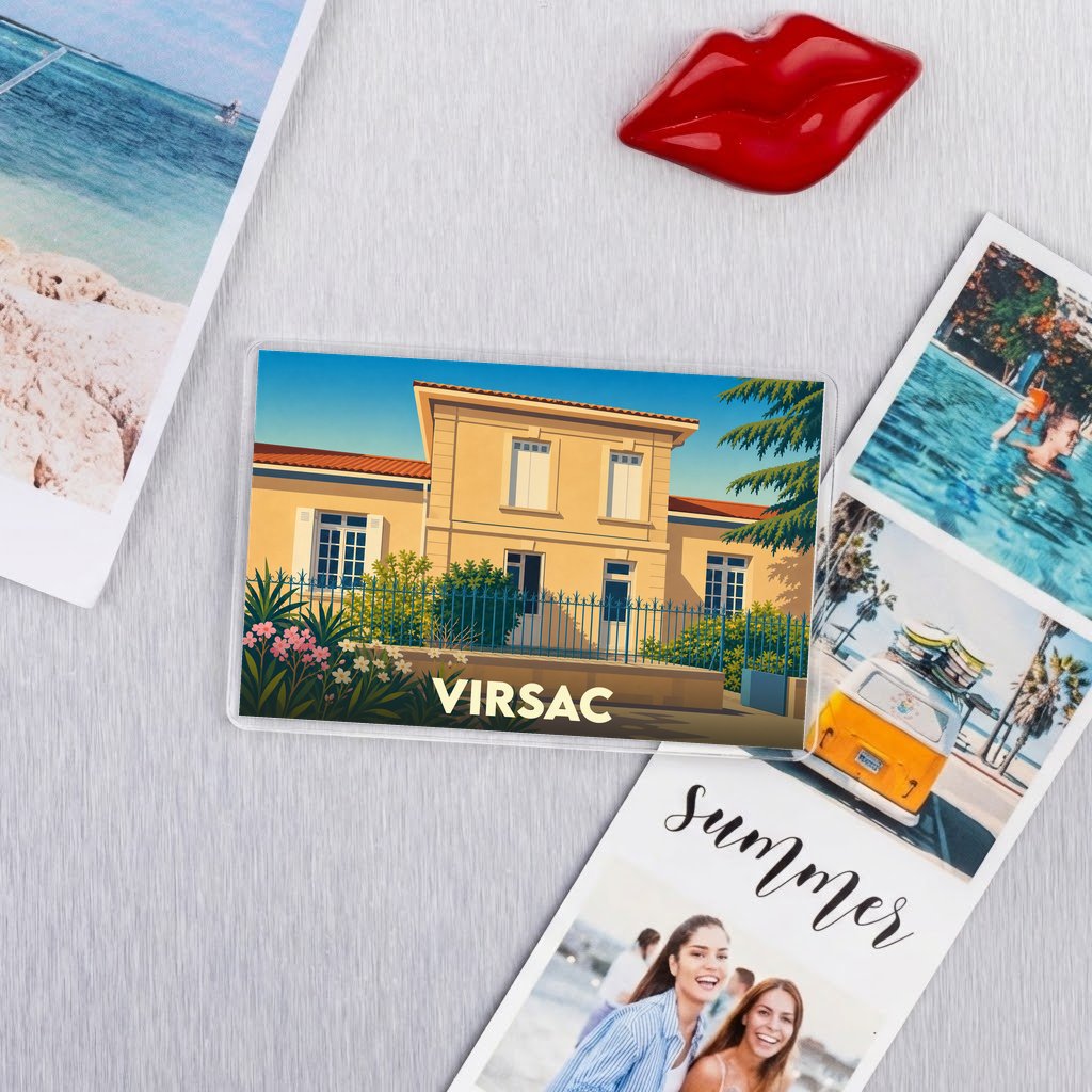 Magnet souvenir de la ville de Virsac avec une illustration stylisée.