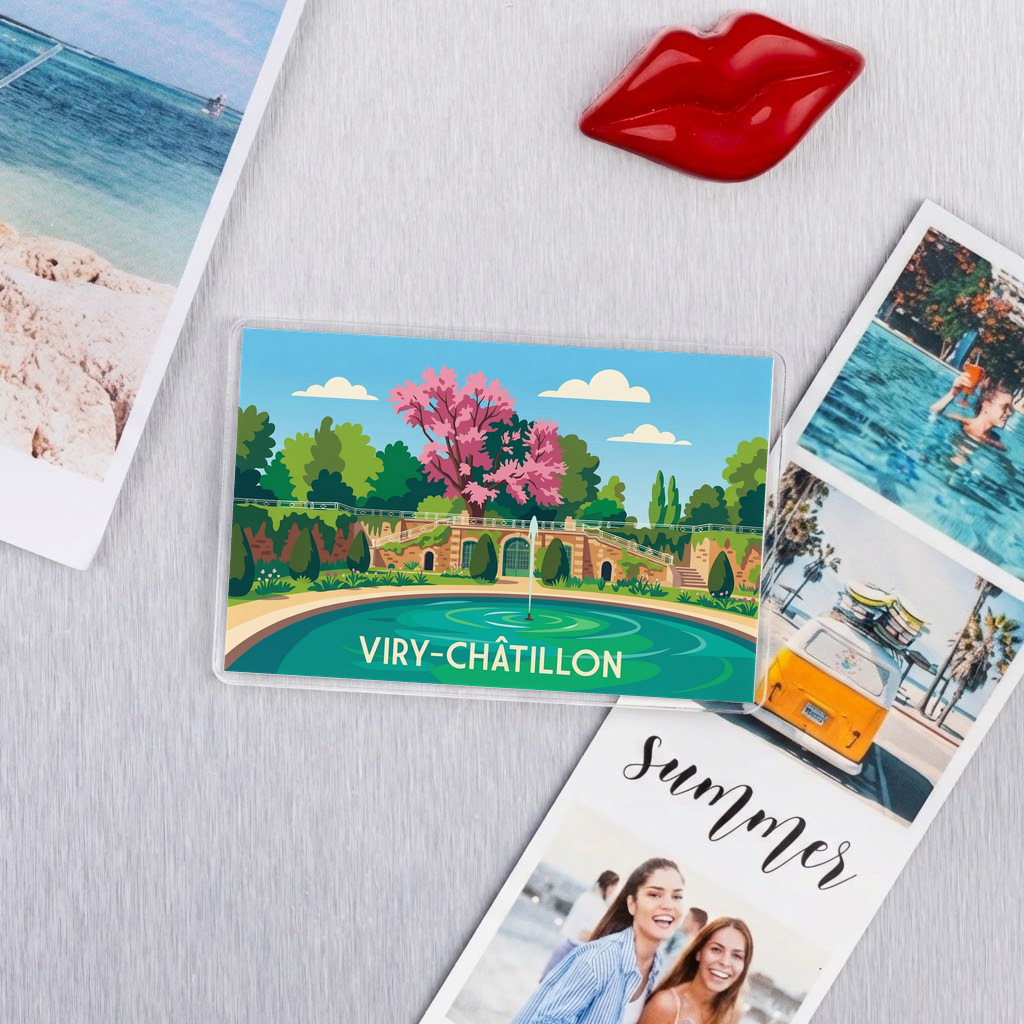 Magnet souvenir de la ville de Viry-Châtillon avec une illustration stylisée d'un parc paysager.