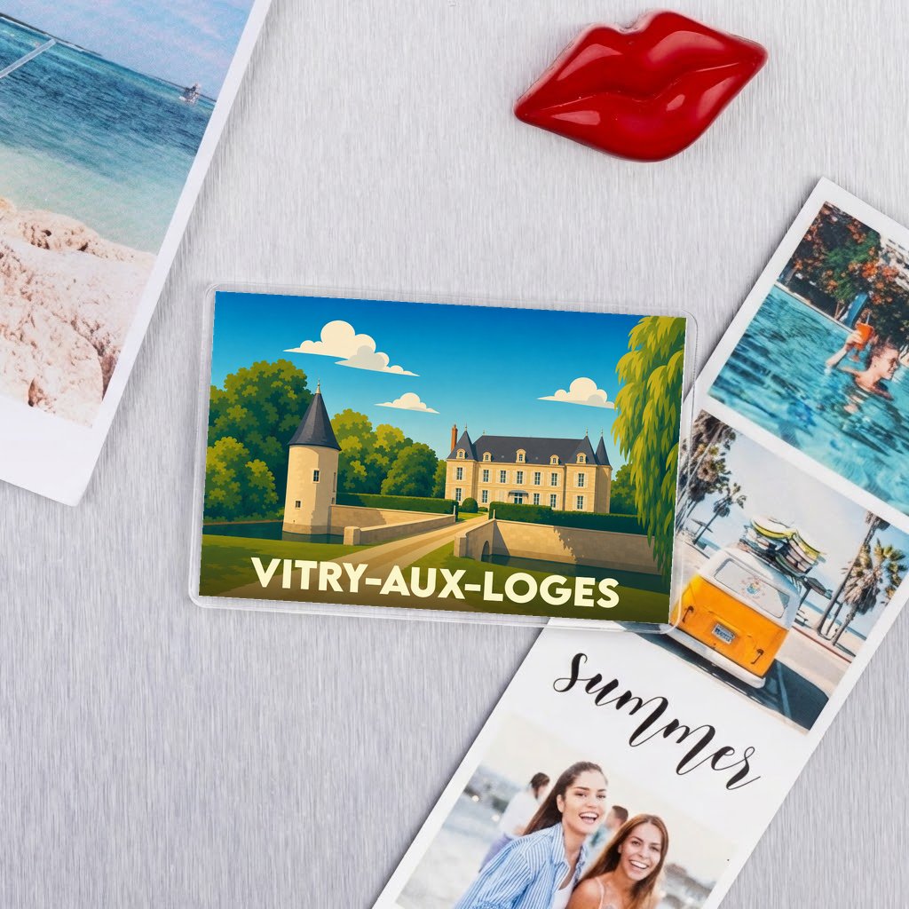 Magnet souvenir de la ville de Vitry-aux-Loges avec une illustration stylisée d'un château.