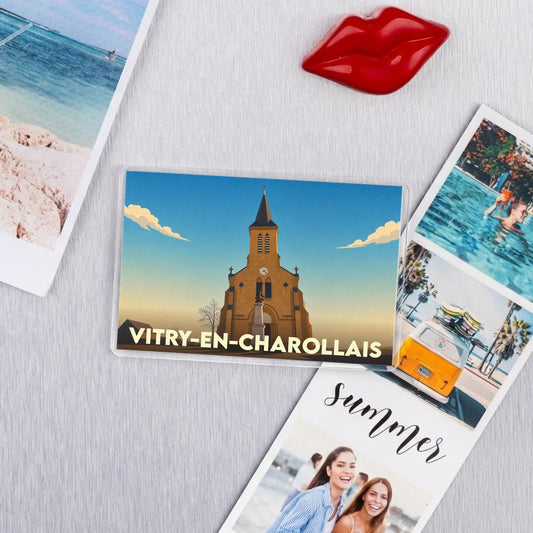 Magnet souvenir de la ville de Vitry-en-Charollais avec une illustration stylisée de son église.