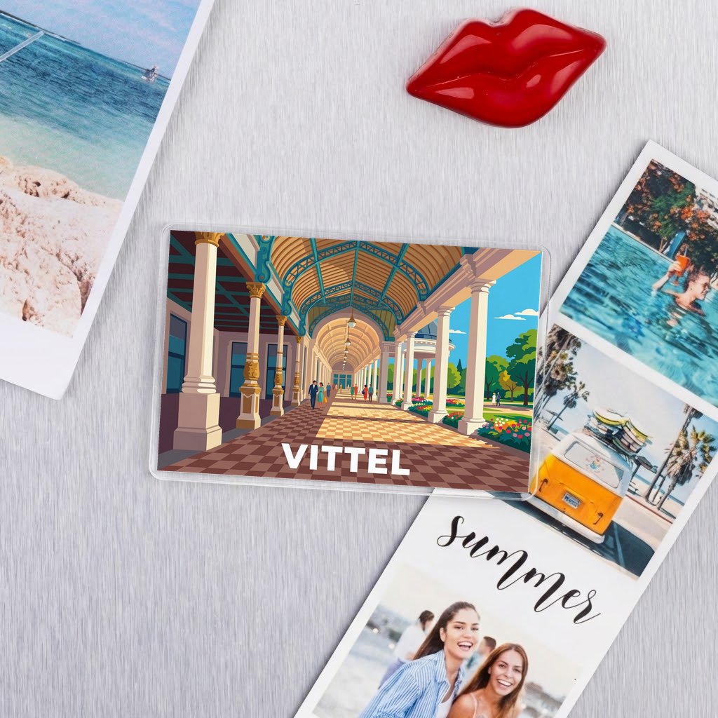 Magnet souvenir de la ville de Vittel avec une illustration stylisée d'une galerie thermale.