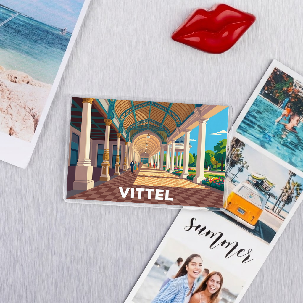 Magnet souvenir de la ville de Vittel avec une illustration stylisée d'une galerie thermale.