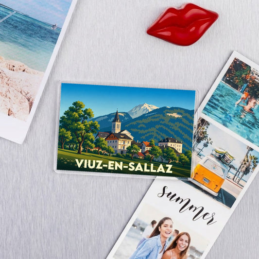 Magnet souvenir de la ville de Viuz-en-Sallaz avec une illustration stylisée de montagne.